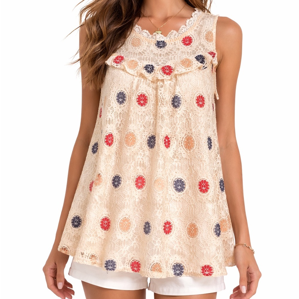 Doe & Rae Lace Overlay Sleeveless Blouse Ladies Small